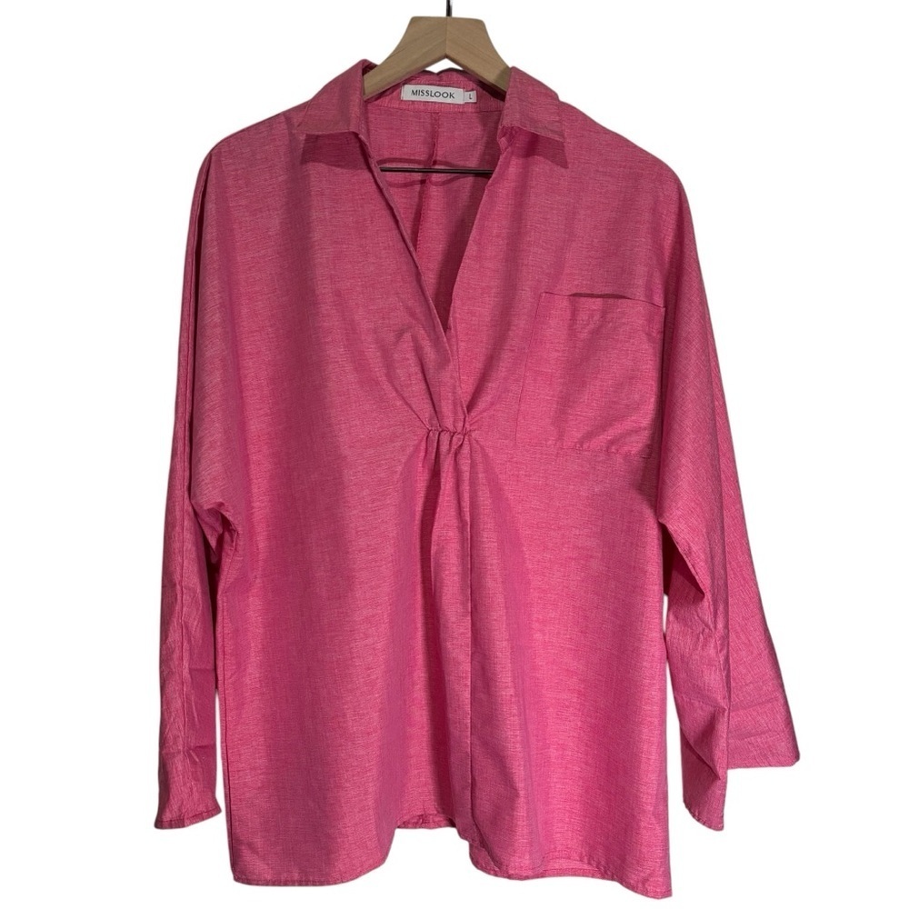 Pink Popover Tunic Top Large Cotton Blend Bell Sleeve Split Neck Boho Resort - Picture 2 of 15